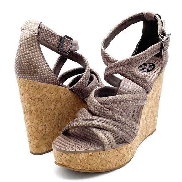 Tory Burch Taupe Reptile Embossed Leather Strappy Cork Wedge Sandals Size 10.5 - Picture 2 of 16